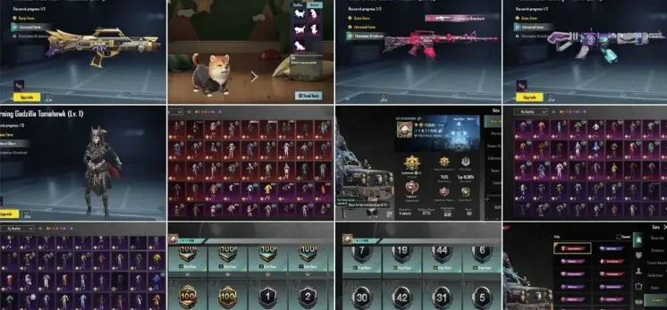 PGM562 Glacier M416 Lvl 4, UMP45 Lvl 4, Anukhra X-Suit, Levi/Gozilla, 33 Mythic Sets, 129 Outfits (G)